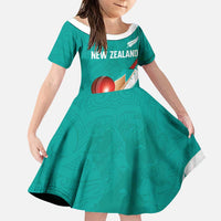 Custom New Zealand Cricket Family Matching Off Shoulder Short Dress and Hawaiian Shirt Kiwi Birds Haka Dance Turquoise Fern Sporty Style