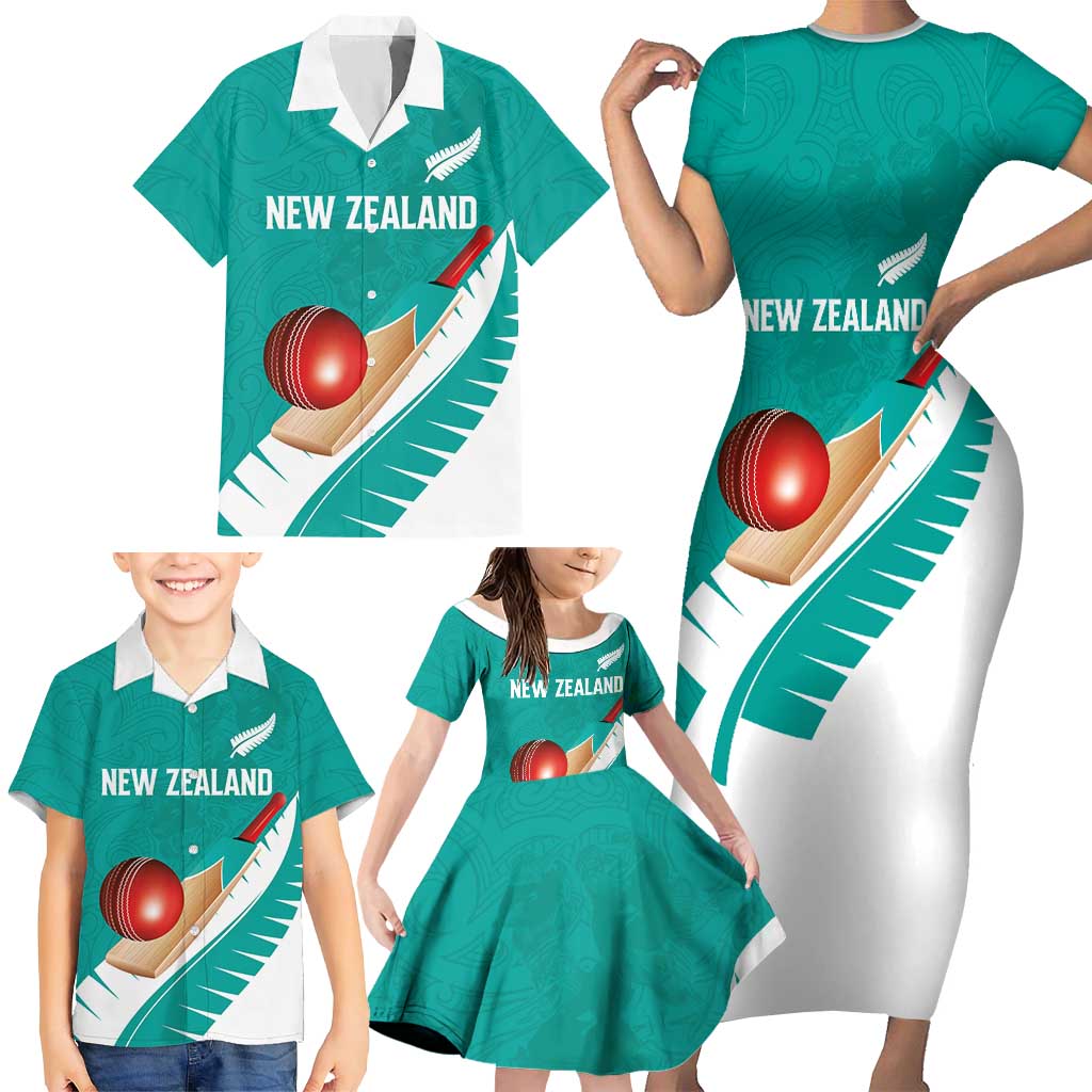 Custom New Zealand Cricket Family Matching Short Sleeve Bodycon Dress and Hawaiian Shirt Kiwi Birds Haka Dance Turquoise Fern Sporty Style LT03 - Polynesian Pride