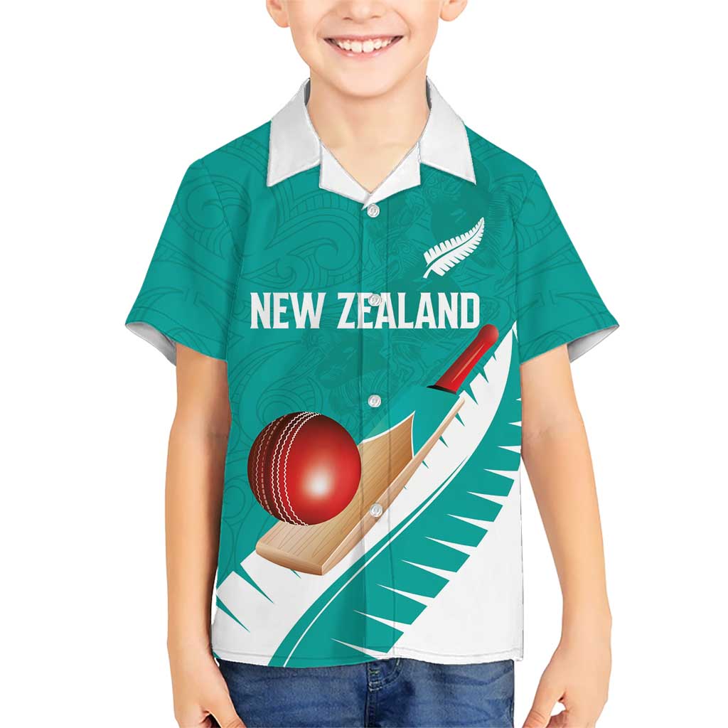 Custom New Zealand Cricket Kid Hawaiian Shirt Kiwi Birds Haka Dance Turquoise Fern Sporty Style