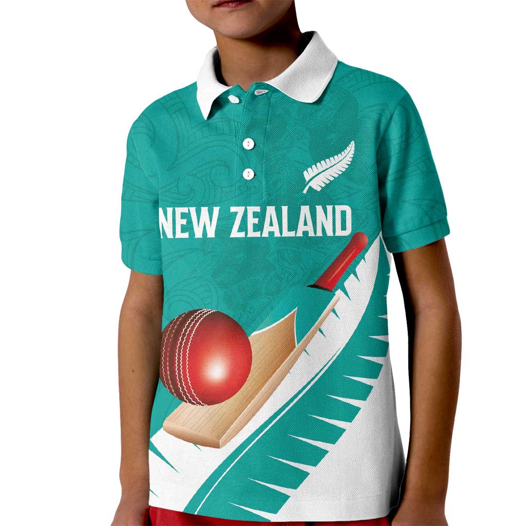 Custom New Zealand Cricket Kid Polo Shirt Kiwi Birds Haka Dance Turquoise Fern Sporty Style