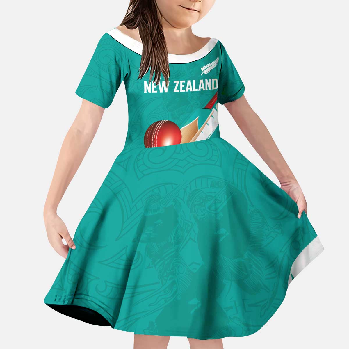 Custom New Zealand Cricket Kid Short Sleeve Dress Kiwi Birds Haka Dance Turquoise Fern Sporty Style