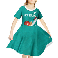 Custom New Zealand Cricket Kid Short Sleeve Dress Kiwi Birds Haka Dance Turquoise Fern Sporty Style