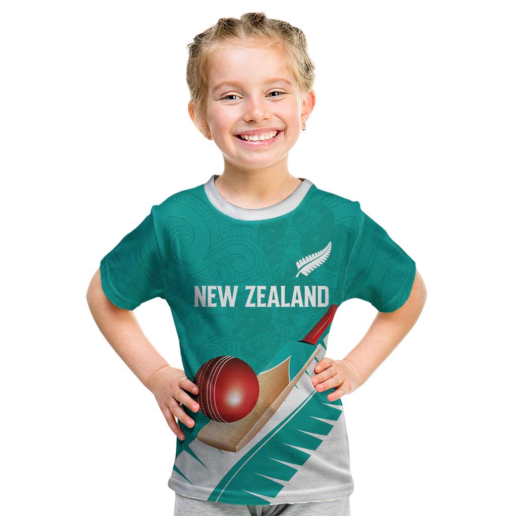 Custom New Zealand Cricket Kid T Shirt Kiwi Birds Haka Dance Turquoise Fern Sporty Style