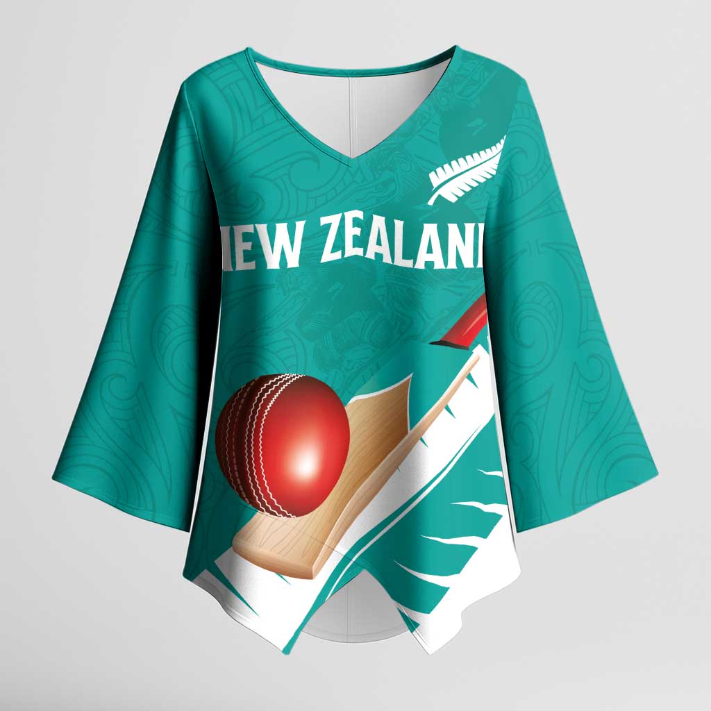 Custom New Zealand Cricket Kimono Sleeve Blouse Kiwi Birds Haka Dance Turquoise Fern Sporty Style