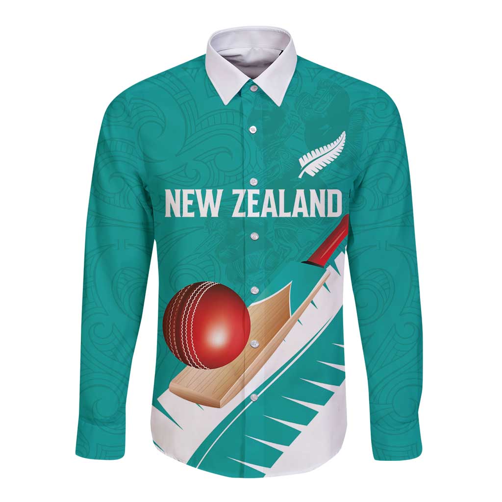 Custom New Zealand Cricket Long Sleeve Button Shirt Kiwi Birds Haka Dance Turquoise Fern Sporty Style