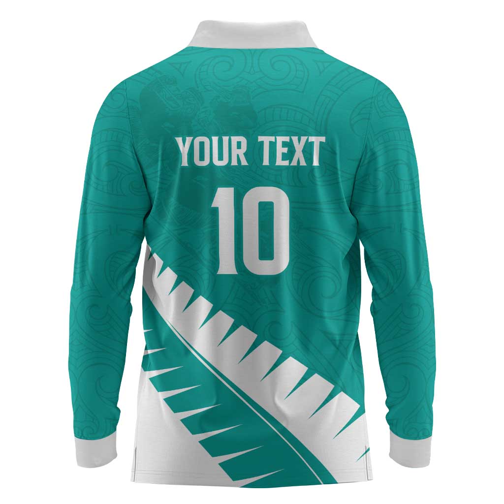 Custom New Zealand Cricket Long Sleeve Polo Shirt Kiwi Birds Haka Dance Turquoise Fern Sporty Style
