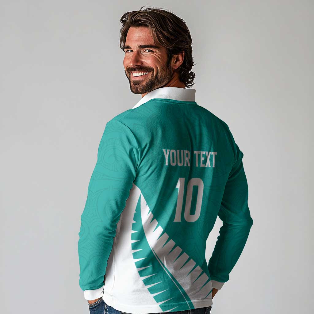 Custom New Zealand Cricket Long Sleeve Polo Shirt Kiwi Birds Haka Dance Turquoise Fern Sporty Style