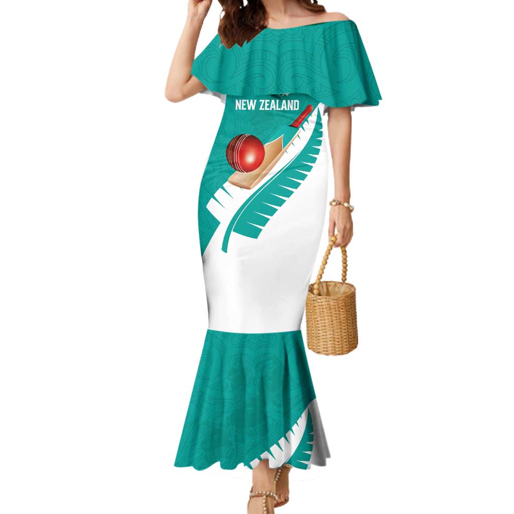 Custom New Zealand Cricket Mermaid Dress Kiwi Birds Haka Dance Turquoise Fern Sporty Style