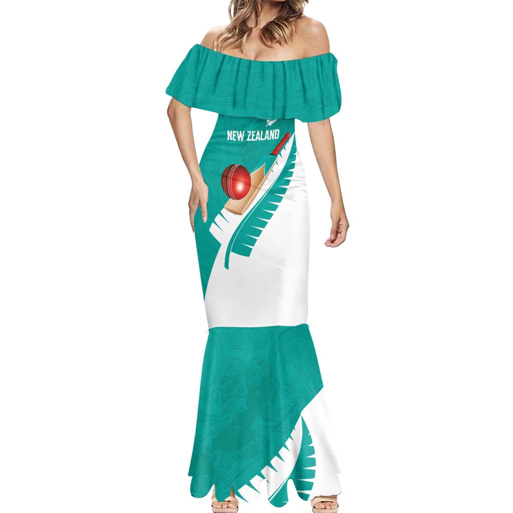 Custom New Zealand Cricket Mermaid Dress Kiwi Birds Haka Dance Turquoise Fern Sporty Style