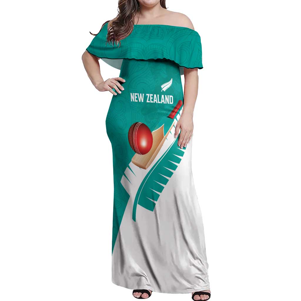 Custom New Zealand Cricket Off Shoulder Maxi Dress Kiwi Birds Haka Dance Turquoise Fern Sporty Style