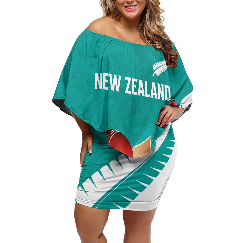 Custom New Zealand Cricket Off Shoulder Short Dress Kiwi Birds Haka Dance Turquoise Fern Sporty Style