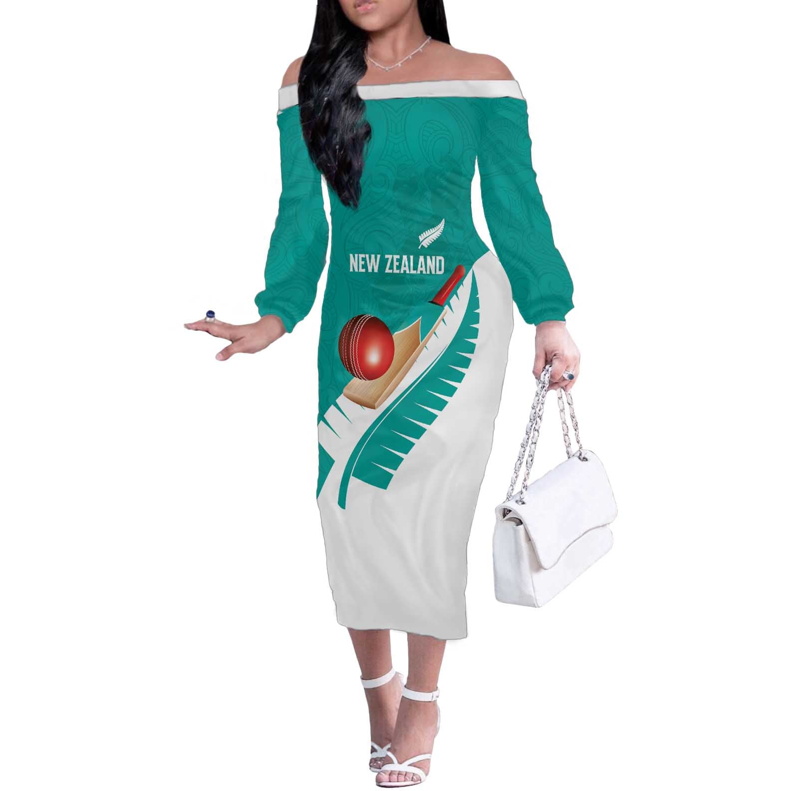 Custom New Zealand Cricket Off The Shoulder Long Sleeve Dress Kiwi Birds Haka Dance Turquoise Fern Sporty Style