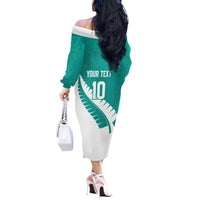 Custom New Zealand Cricket Off The Shoulder Long Sleeve Dress Kiwi Birds Haka Dance Turquoise Fern Sporty Style