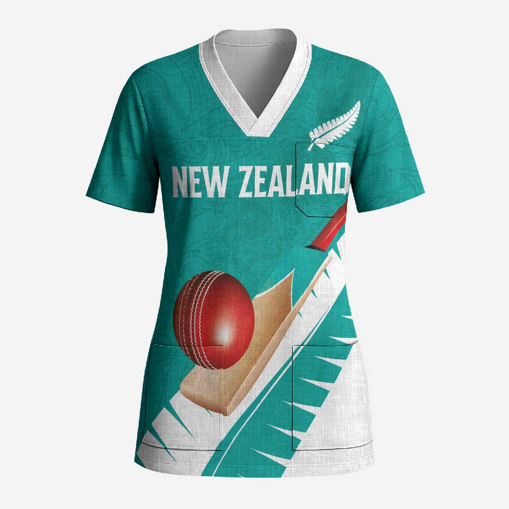 Custom New Zealand Cricket Scrub Top Kiwi Birds Haka Dance Turquoise Fern Sporty Style