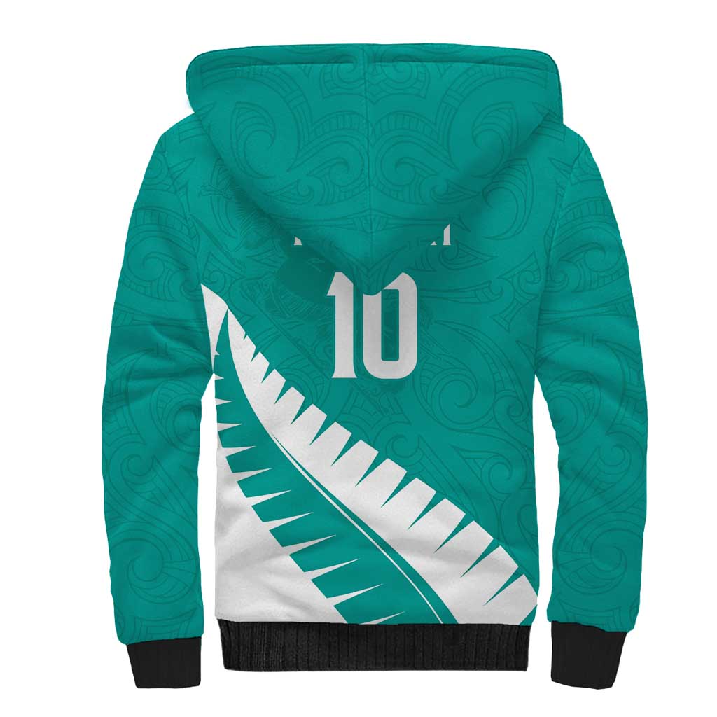 Custom New Zealand Cricket Sherpa Hoodie Kiwi Birds Haka Dance Turquoise Fern Sporty Style