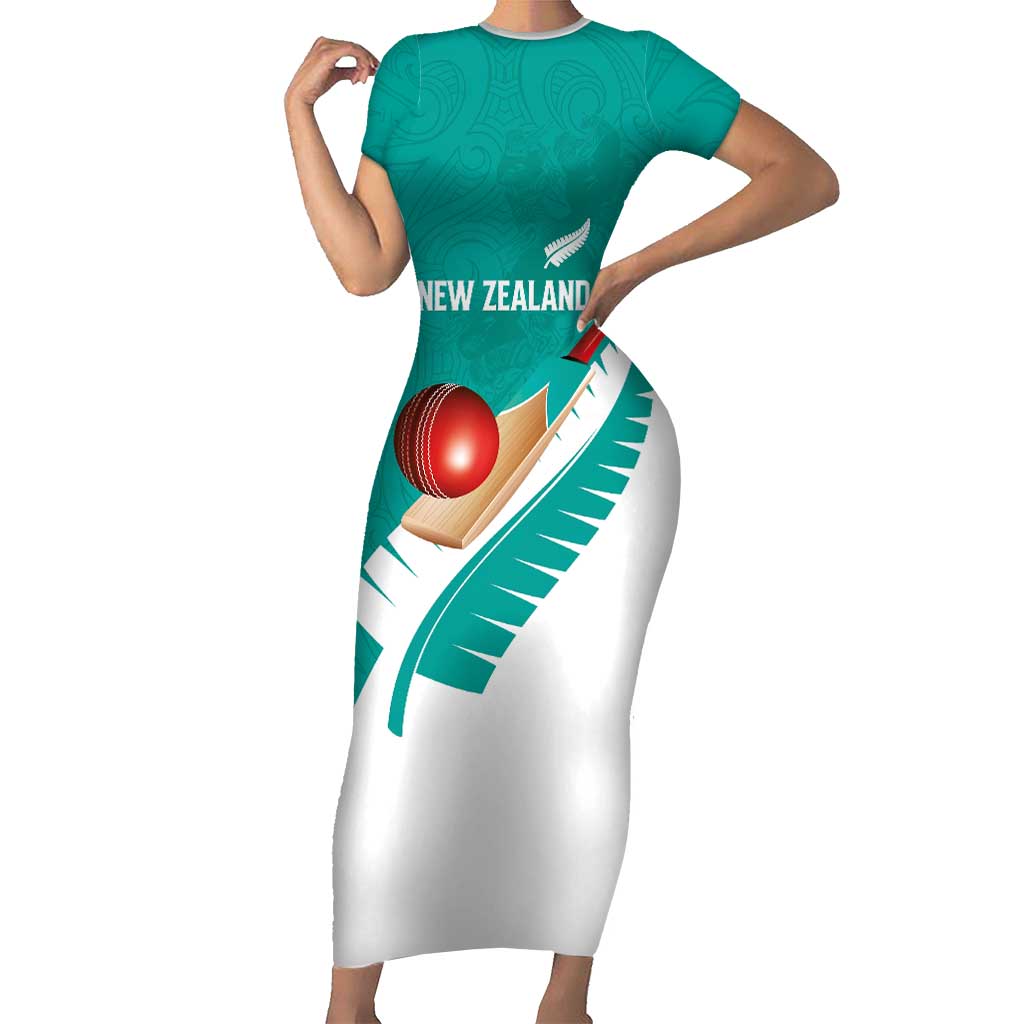 Custom New Zealand Cricket Short Sleeve Bodycon Dress Kiwi Birds Haka Dance Turquoise Fern Sporty Style