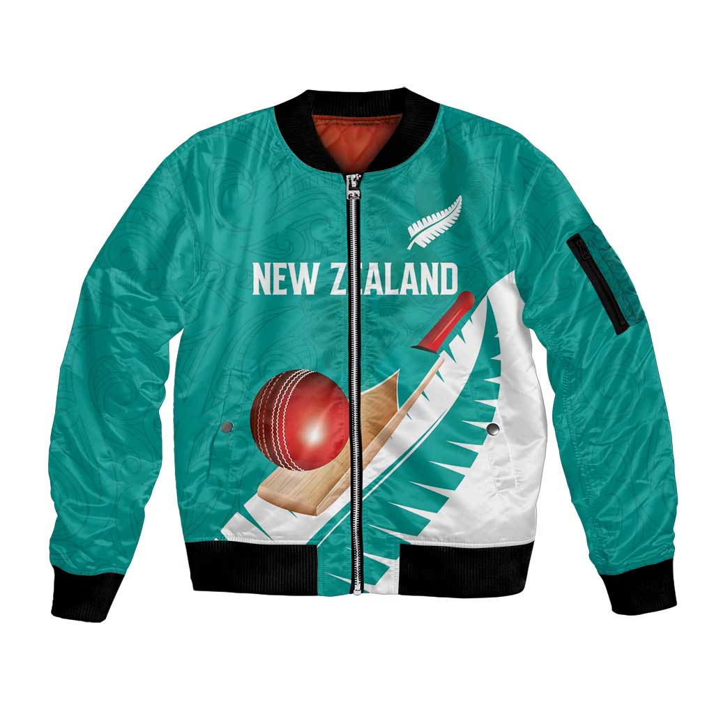Custom New Zealand Cricket Sleeve Zip Bomber Jacket Kiwi Birds Haka Dance Turquoise Fern Sporty Style