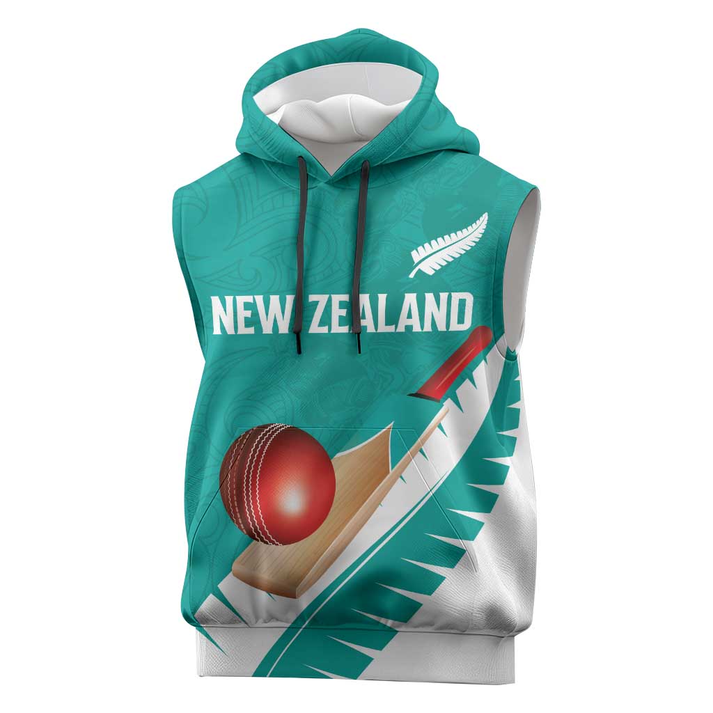 Custom New Zealand Cricket Sleeveless Hoodie Kiwi Birds Haka Dance Turquoise Fern Sporty Style