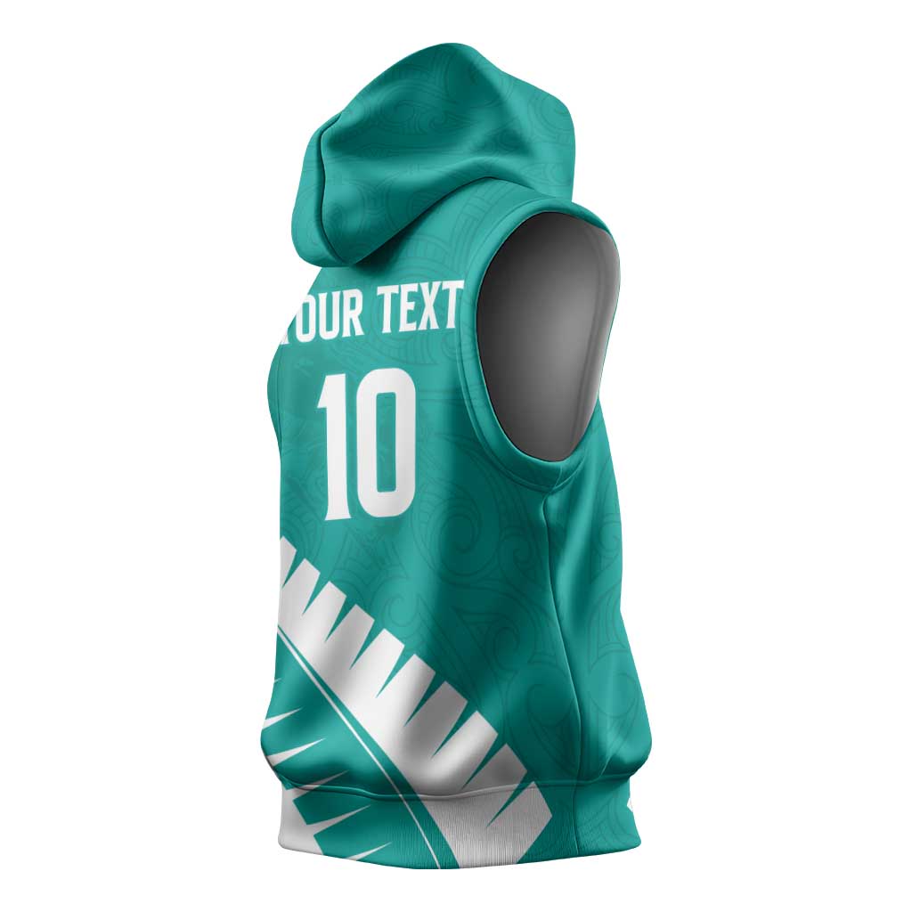 Custom New Zealand Cricket Sleeveless Hoodie Kiwi Birds Haka Dance Turquoise Fern Sporty Style