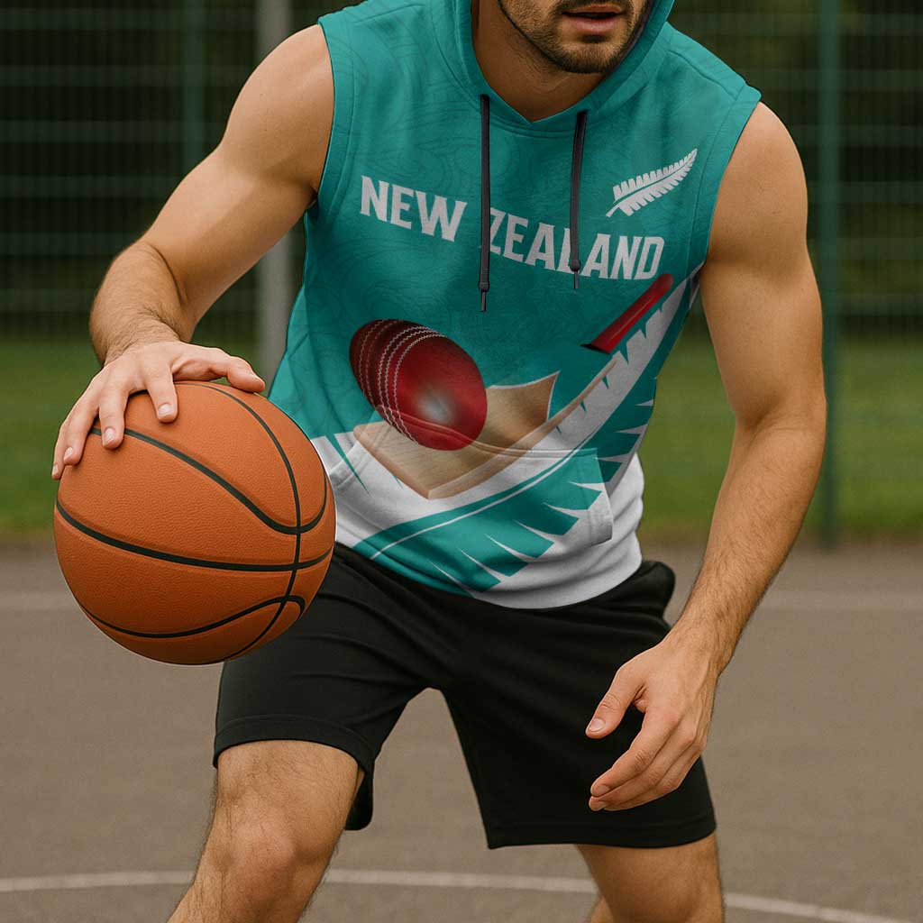 Custom New Zealand Cricket Sleeveless Hoodie Kiwi Birds Haka Dance Turquoise Fern Sporty Style