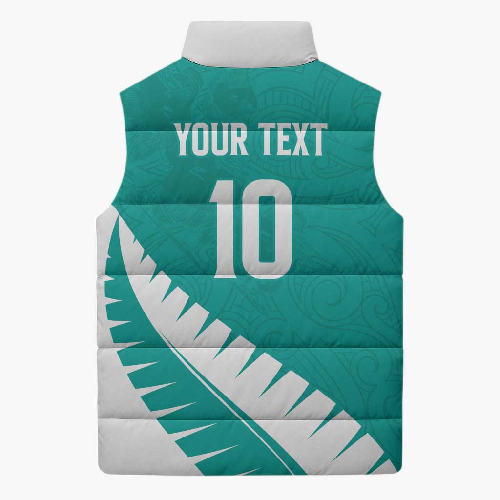 Custom New Zealand Cricket Sleeveless Puffer Jacket Kiwi Birds Haka Dance Turquoise Fern Sporty Style