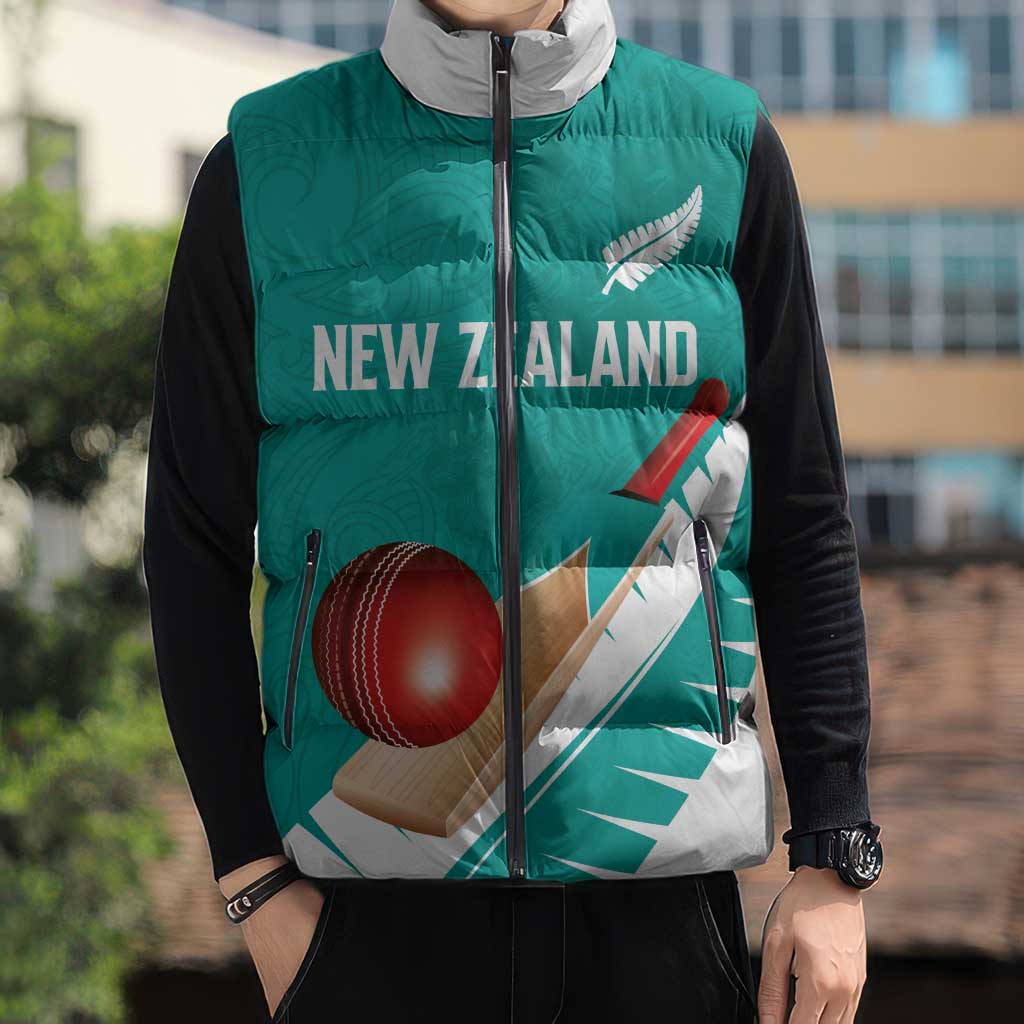 Custom New Zealand Cricket Sleeveless Puffer Jacket Kiwi Birds Haka Dance Turquoise Fern Sporty Style