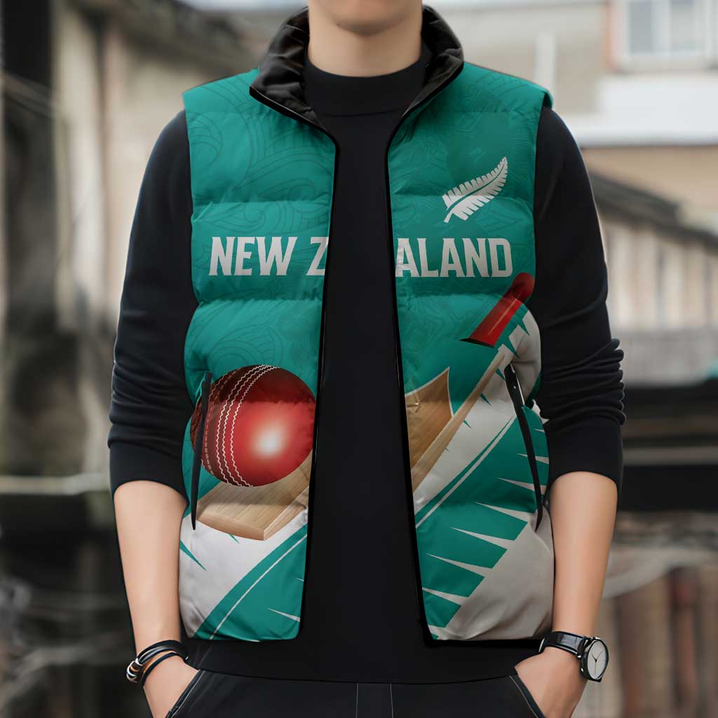 Custom New Zealand Cricket Sleeveless Puffer Jacket Kiwi Birds Haka Dance Turquoise Fern Sporty Style