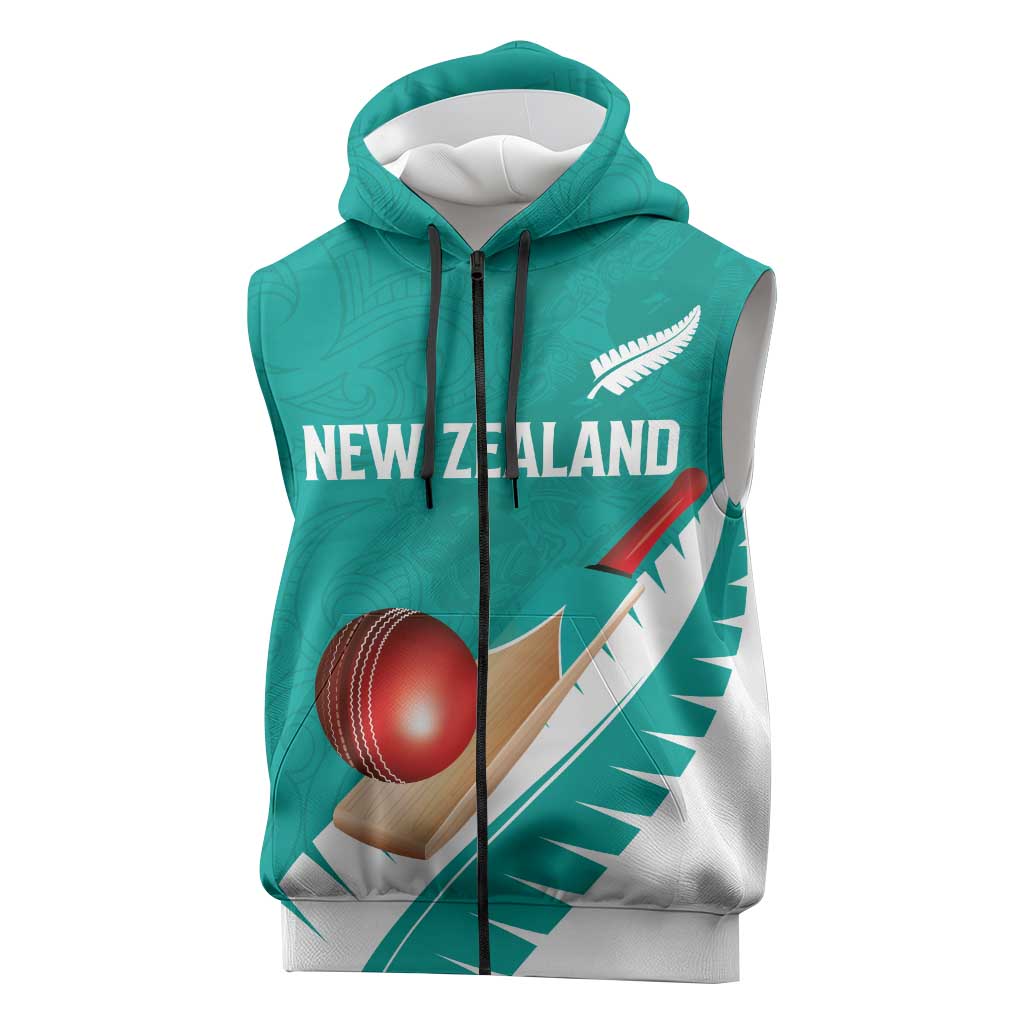 Custom New Zealand Cricket Sleeveless Zip Hoodie Kiwi Birds Haka Dance Turquoise Fern Sporty Style