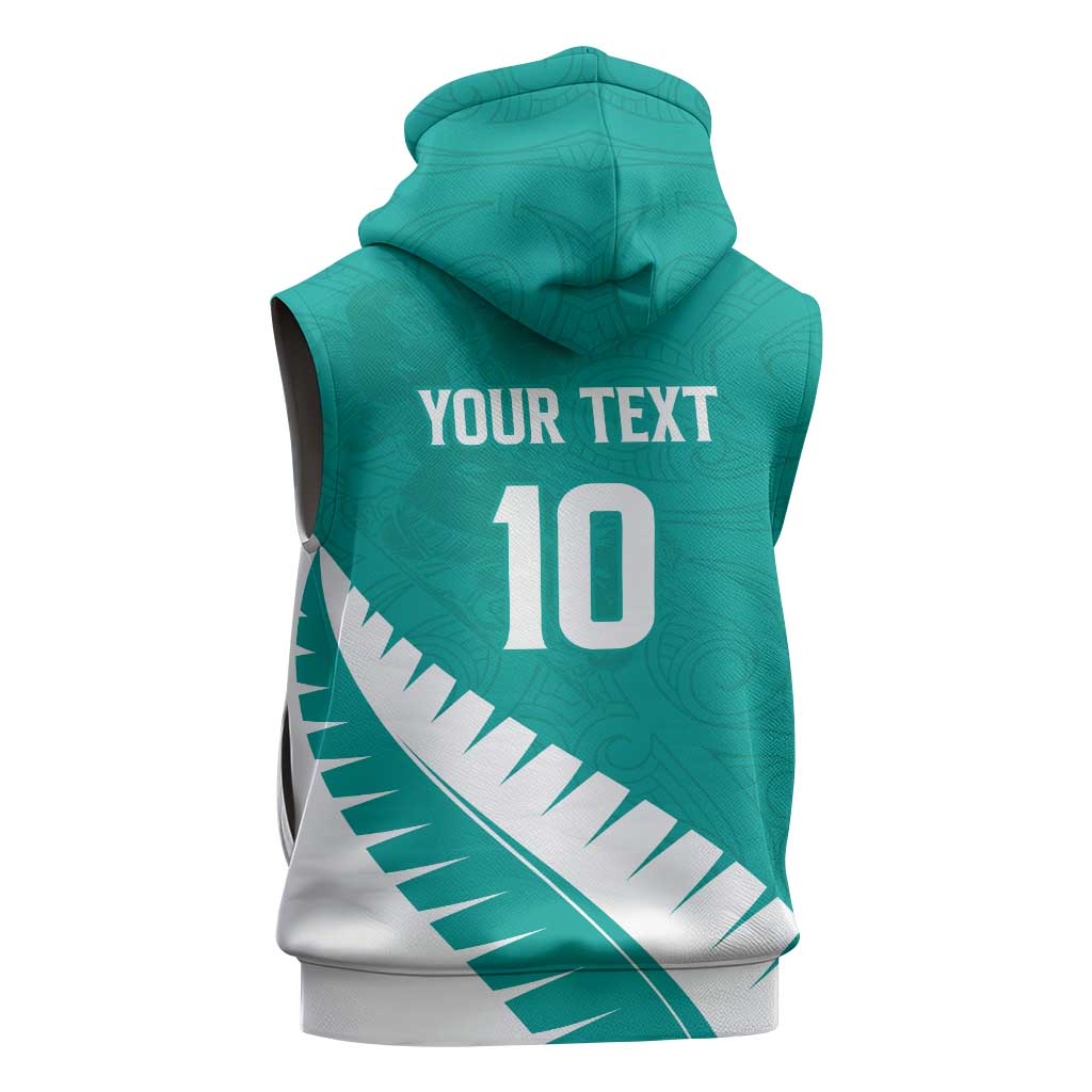 Custom New Zealand Cricket Sleeveless Zip Hoodie Kiwi Birds Haka Dance Turquoise Fern Sporty Style