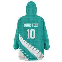 Custom New Zealand Cricket Wearable Blanket Hoodie Kiwi Birds Haka Dance Turquoise Fern Sporty Style