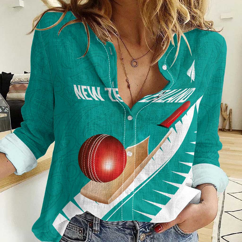 Custom New Zealand Cricket Women Casual Shirt Kiwi Birds Haka Dance Turquoise Fern Sporty Style