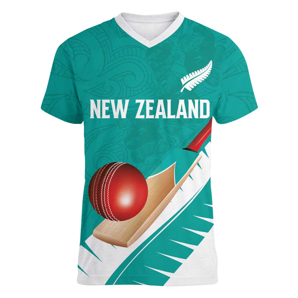 Custom New Zealand Cricket Women V-Neck T-Shirt Kiwi Birds Haka Dance Turquoise Fern Sporty Style