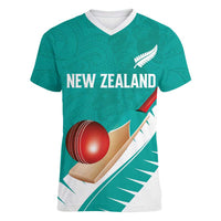 Custom New Zealand Cricket Women V-Neck T-Shirt Kiwi Birds Haka Dance Turquoise Fern Sporty Style