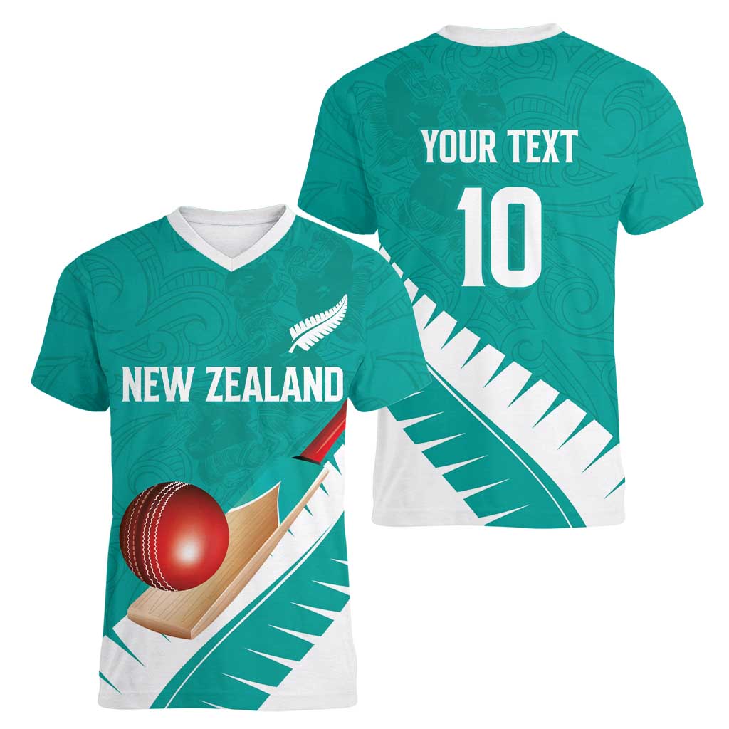 Custom New Zealand Cricket Women V-Neck T-Shirt Kiwi Birds Haka Dance Turquoise Fern Sporty Style