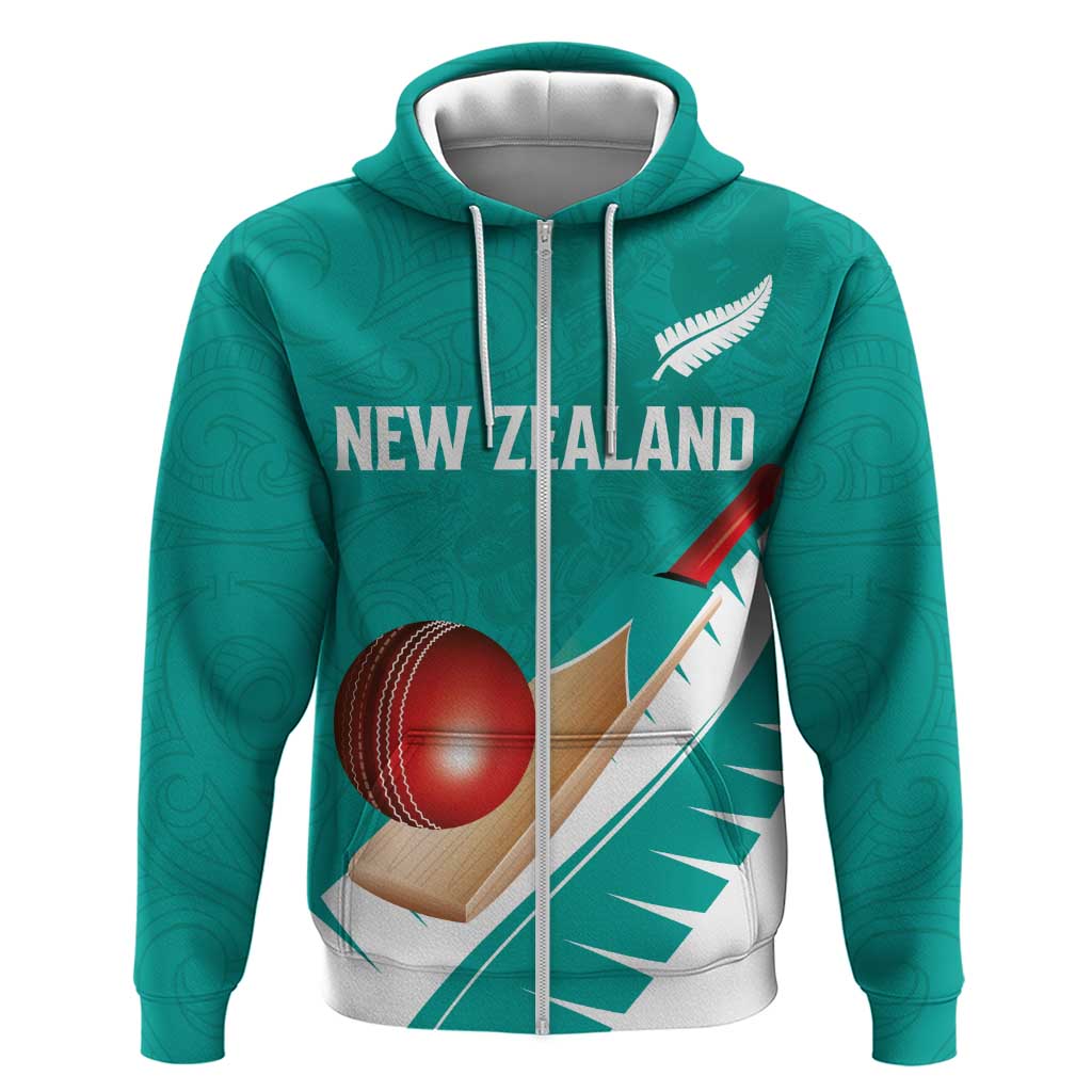 Custom New Zealand Cricket Zip Hoodie Kiwi Birds Haka Dance Turquoise Fern Sporty Style
