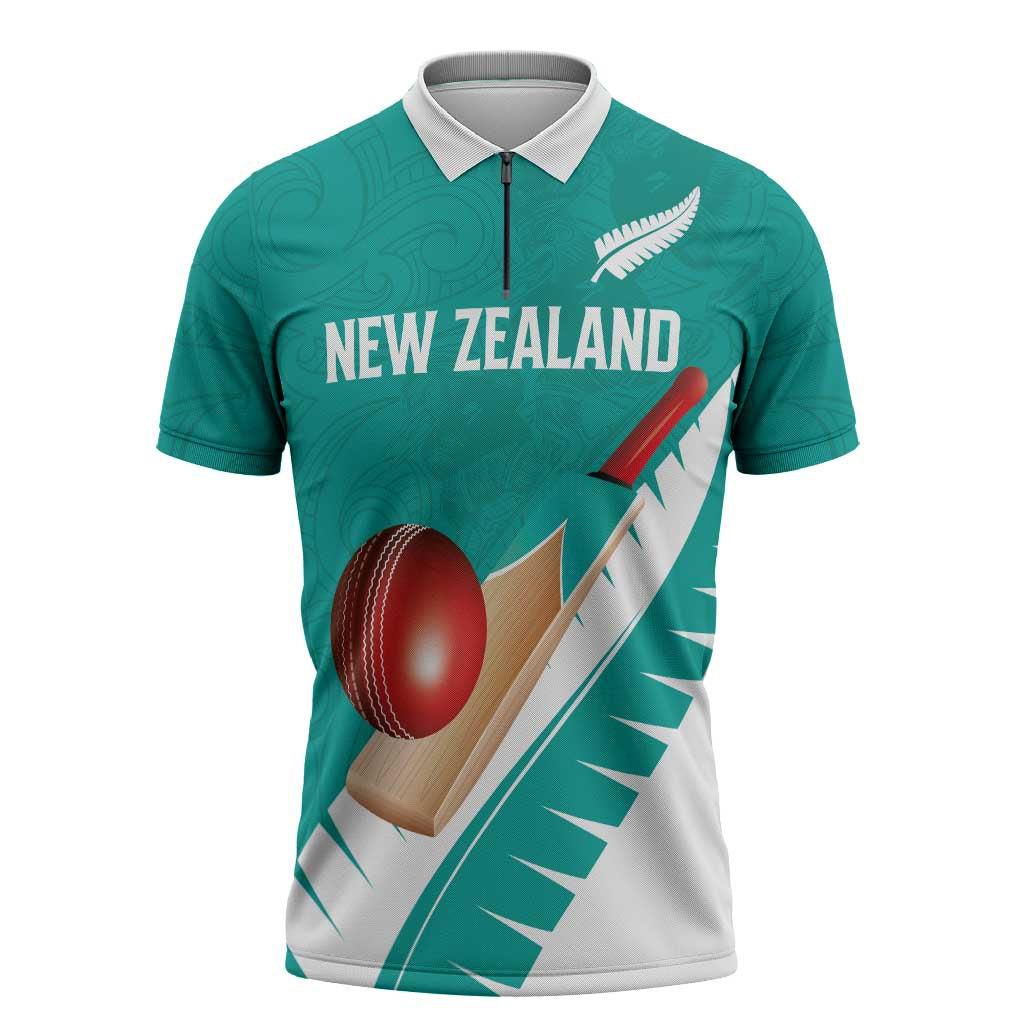 Custom New Zealand Cricket Zipper Polo Shirt Kiwi Birds Haka Dance Turquoise Fern Sporty Style