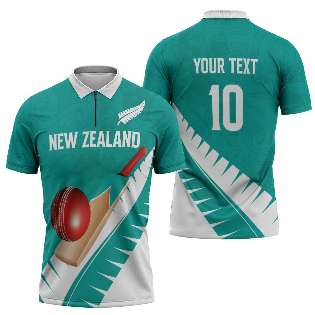 Custom New Zealand Cricket Zipper Polo Shirt Kiwi Birds Haka Dance Turquoise Fern Sporty Style