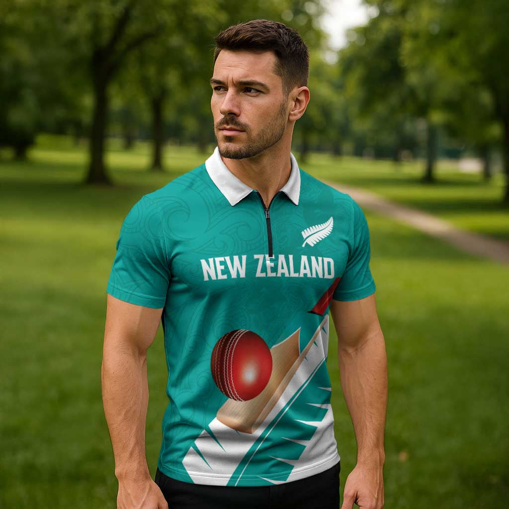 Custom New Zealand Cricket Zipper Polo Shirt Kiwi Birds Haka Dance Turquoise Fern Sporty Style