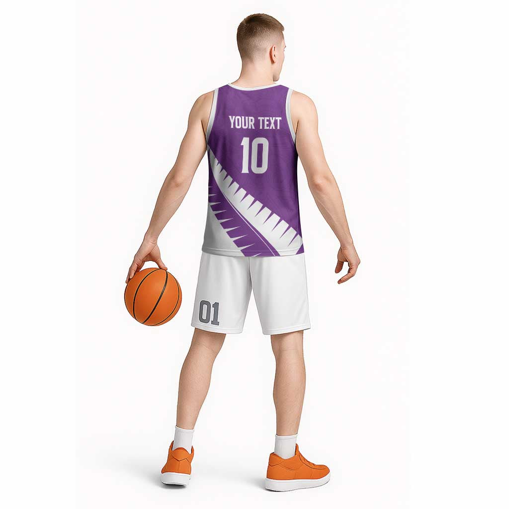 Custom New Zealand Cricket Basketball Jersey Kiwi Birds Haka Dance Purple Fern Sporty Style