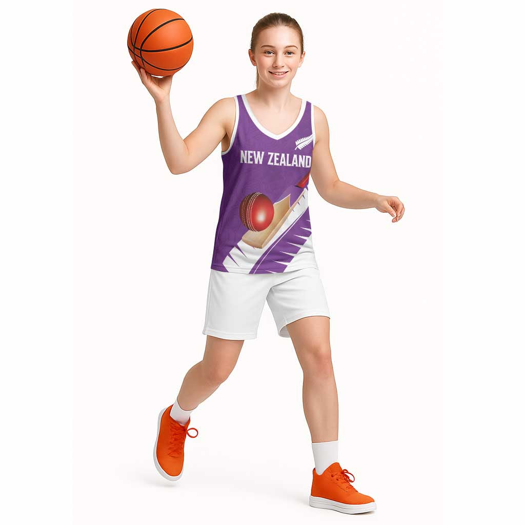 Custom New Zealand Cricket Basketball Jersey Kiwi Birds Haka Dance Purple Fern Sporty Style