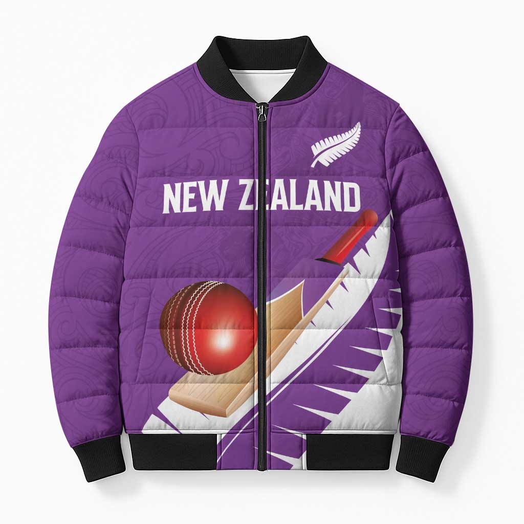 Custom New Zealand Cricket Bomber Puffer Jacket Kiwi Birds Haka Dance Purple Fern Sporty Style