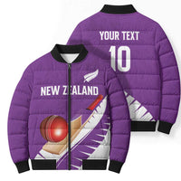 Custom New Zealand Cricket Bomber Puffer Jacket Kiwi Birds Haka Dance Purple Fern Sporty Style