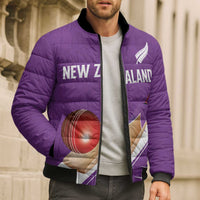 Custom New Zealand Cricket Bomber Puffer Jacket Kiwi Birds Haka Dance Purple Fern Sporty Style
