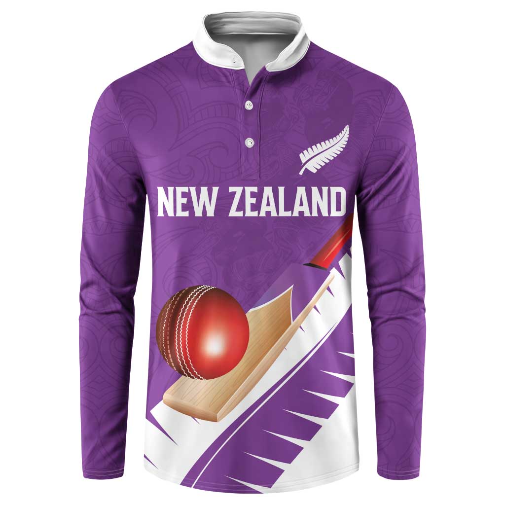 Custom New Zealand Cricket Button Sweatshirt Kiwi Birds Haka Dance Purple Fern Sporty Style