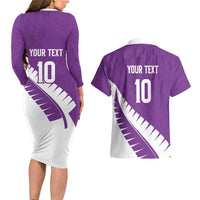 Custom New Zealand Cricket Couples Matching Long Sleeve Bodycon Dress and Hawaiian Shirt Kiwi Birds Haka Dance Purple Fern Sporty Style
