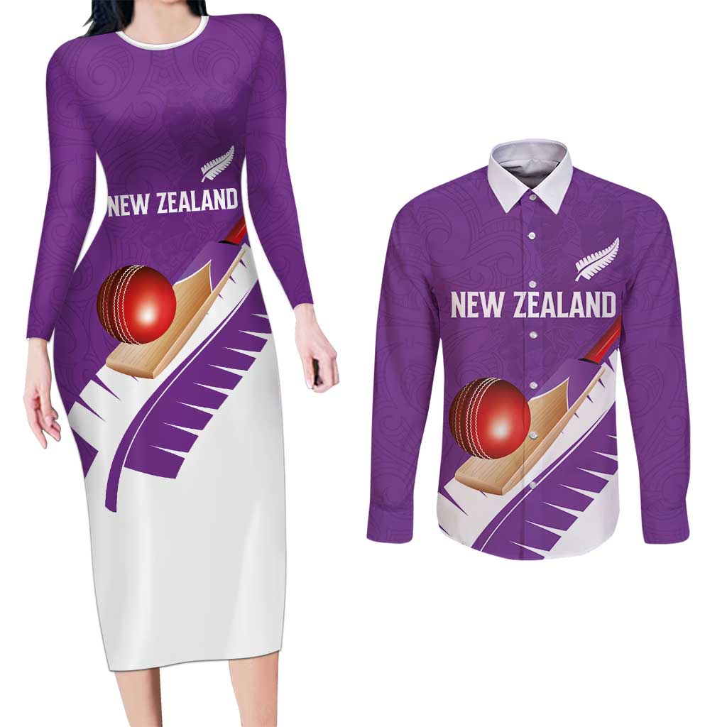Custom New Zealand Cricket Couples Matching Long Sleeve Bodycon Dress and Long Sleeve Button Shirt Kiwi Birds Haka Dance Purple Fern Sporty Style