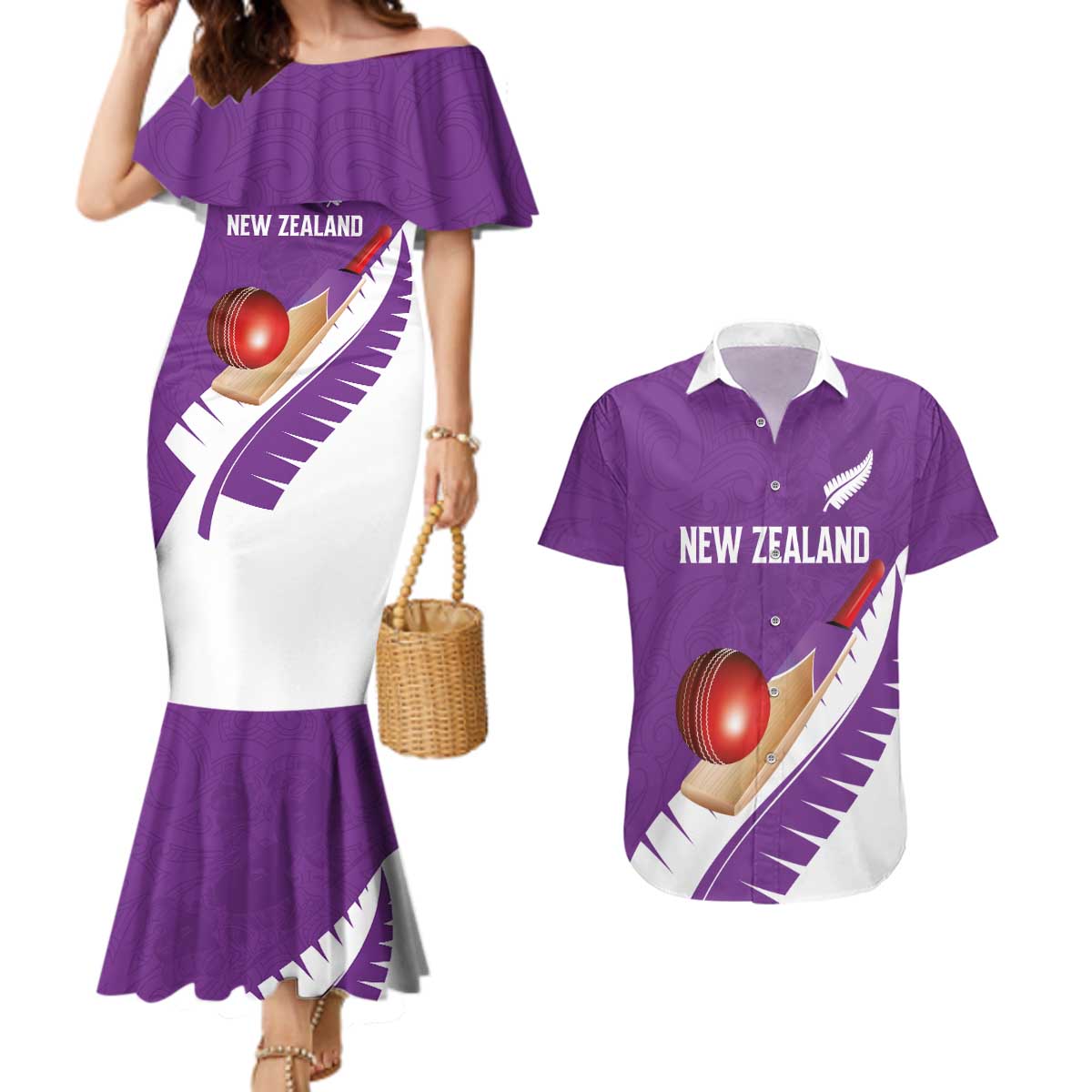 Custom New Zealand Cricket Couples Matching Mermaid Dress and Hawaiian Shirt Kiwi Birds Haka Dance Purple Fern Sporty Style