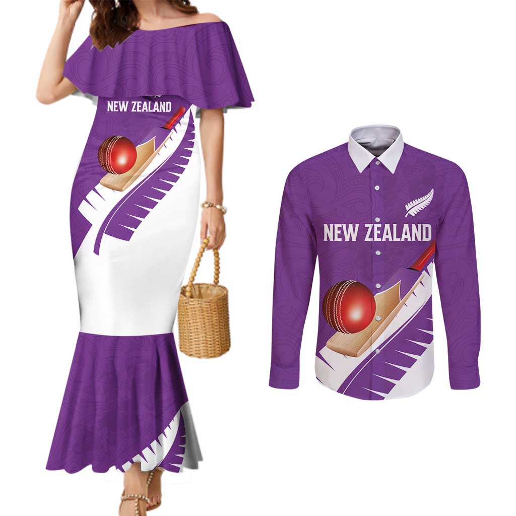 Custom New Zealand Cricket Couples Matching Mermaid Dress and Long Sleeve Button Shirt Kiwi Birds Haka Dance Purple Fern Sporty Style