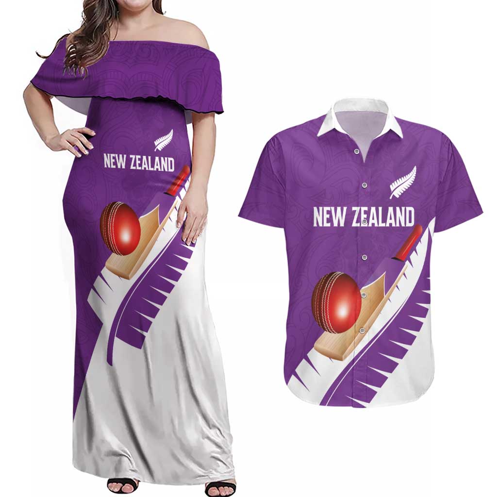 Custom New Zealand Cricket Couples Matching Off Shoulder Maxi Dress and Hawaiian Shirt Kiwi Birds Haka Dance Purple Fern Sporty Style