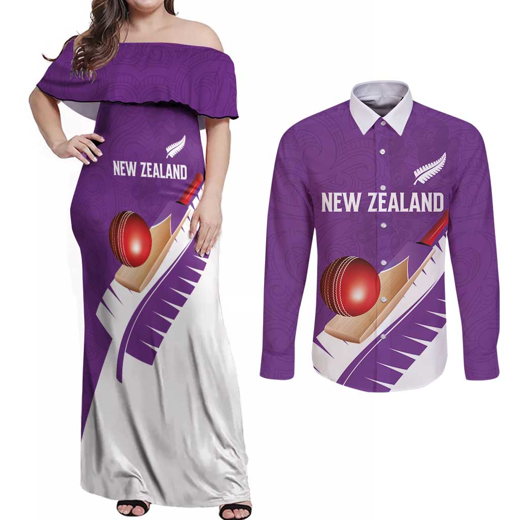 Custom New Zealand Cricket Couples Matching Off Shoulder Maxi Dress and Long Sleeve Button Shirt Kiwi Birds Haka Dance Purple Fern Sporty Style